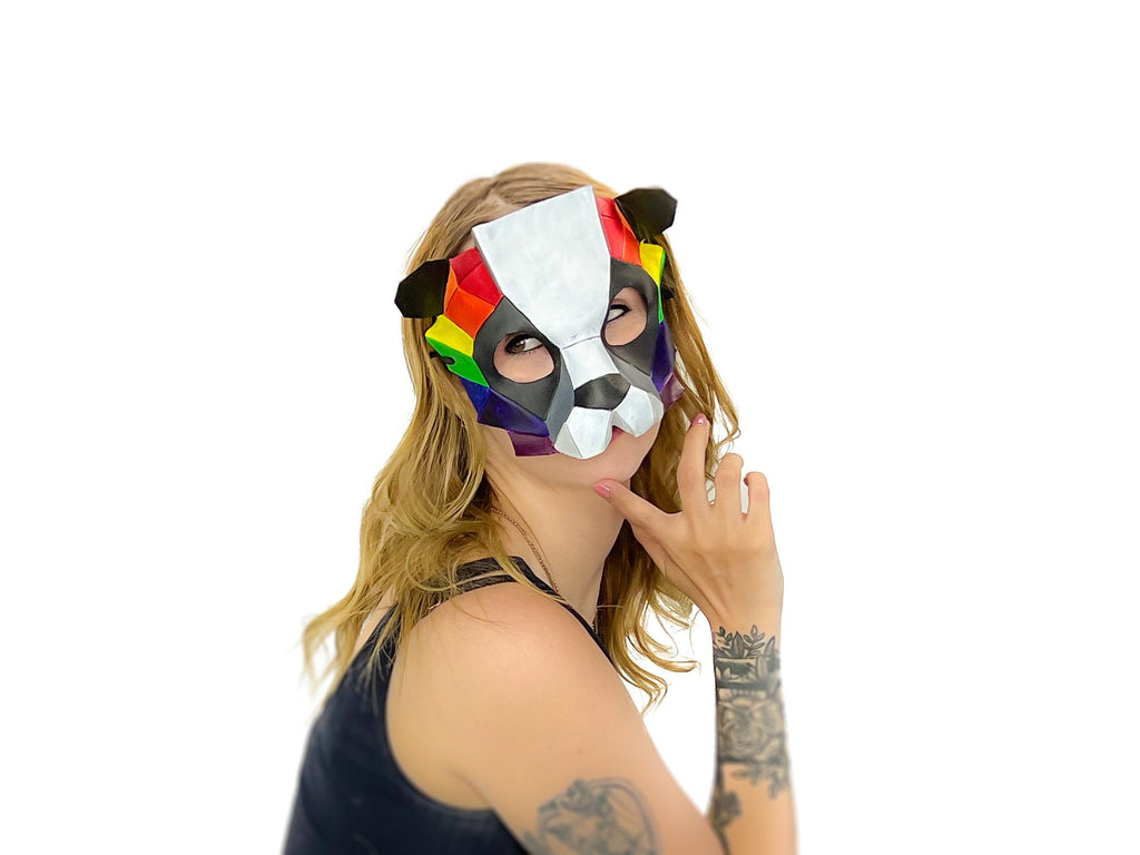 Geometric Rainbow Panda Bear Leather Mask by Rockwell Masks