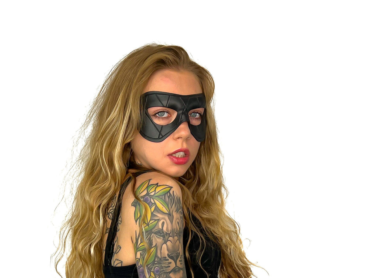 Compact Harlequin Handmade Genuine Leather Mask in Solid Black by Rockwell Masks