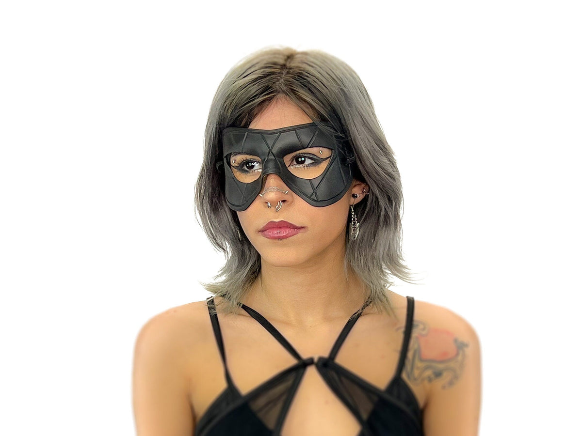 Compact Harlequin Handmade Genuine Leather Mask in Solid Black by Rockwell Masks
