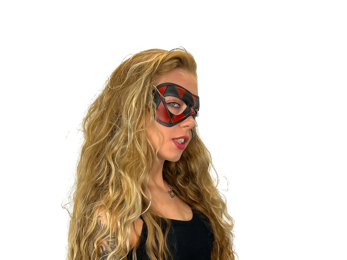 Compact Harlequin Handmade Genuine Leather Mask in Red and Black by Rockwell Masks