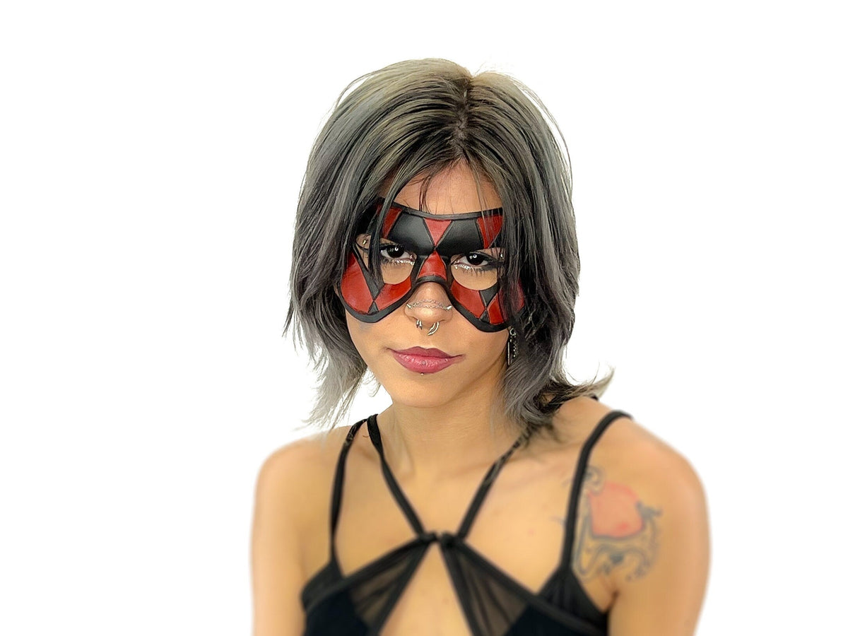 Compact Harlequin Handmade Genuine Leather Mask in Red and Black by Rockwell Masks