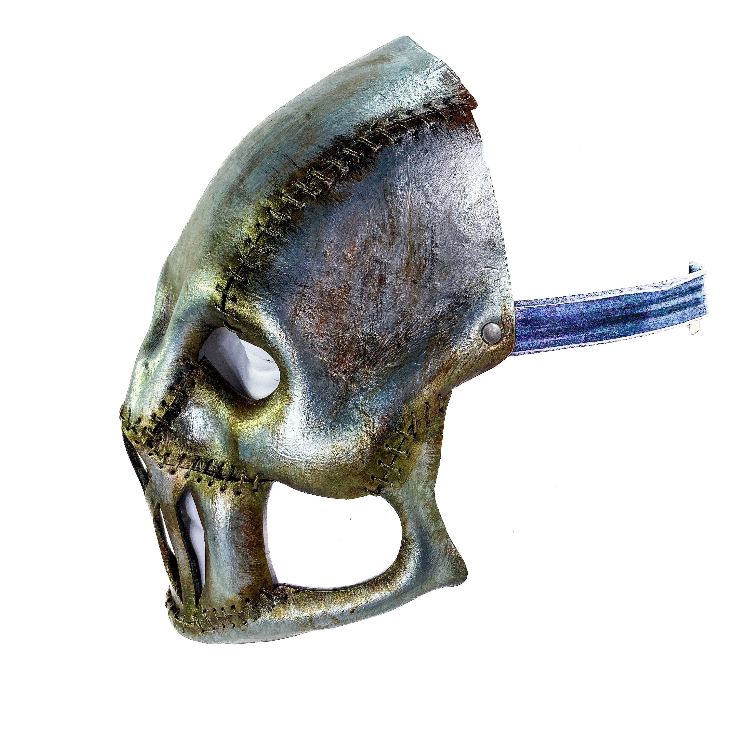 Invader - Genuine Leather Mask in Corroded Metallic Paint - Handmade Full Face Cover for Halloween, Performance or Cosplay by Rockwell Masks