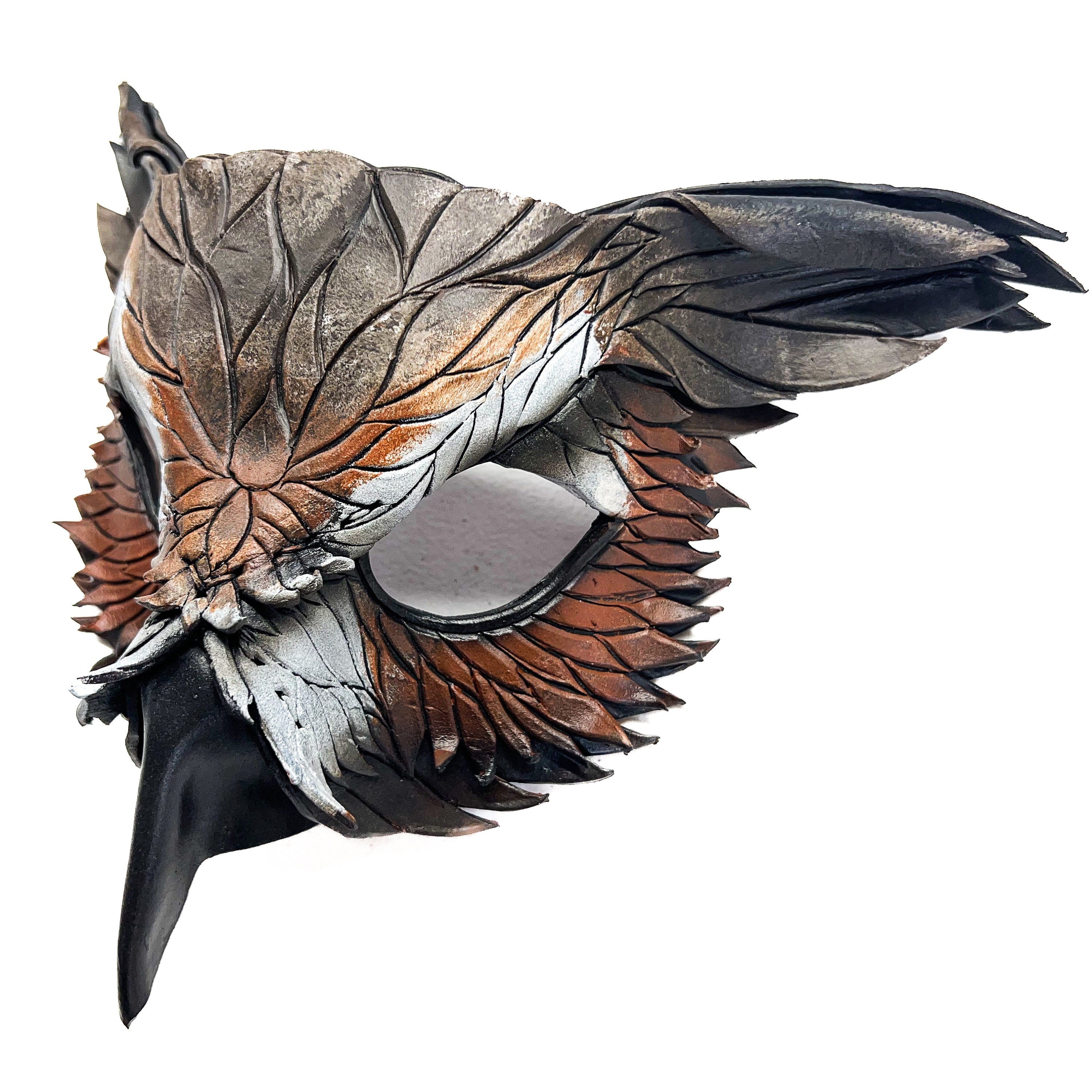Layered Horned Owl Handmade Genuine Leather Mask by Rockwell Masks