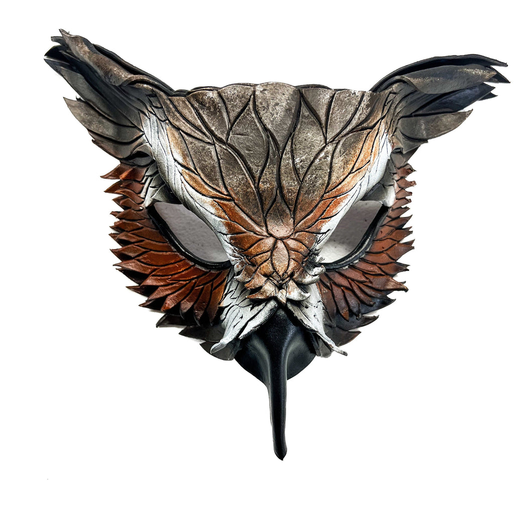 Layered Horned Owl Handmade Genuine Leather Mask by Rockwell Masks