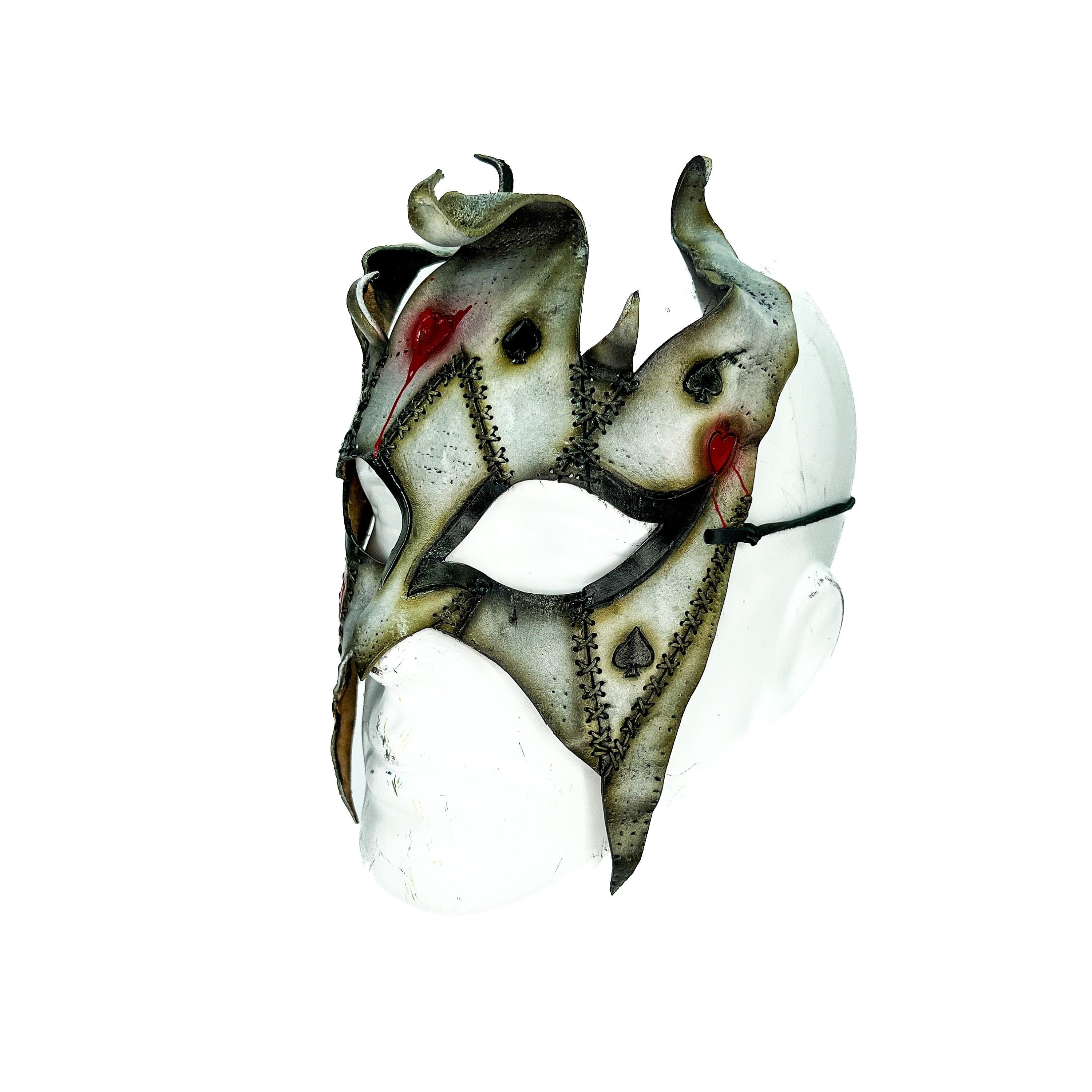 Grungy Joker Jester Handmade Genuine Leather Mask in Red by Rockwell Masks