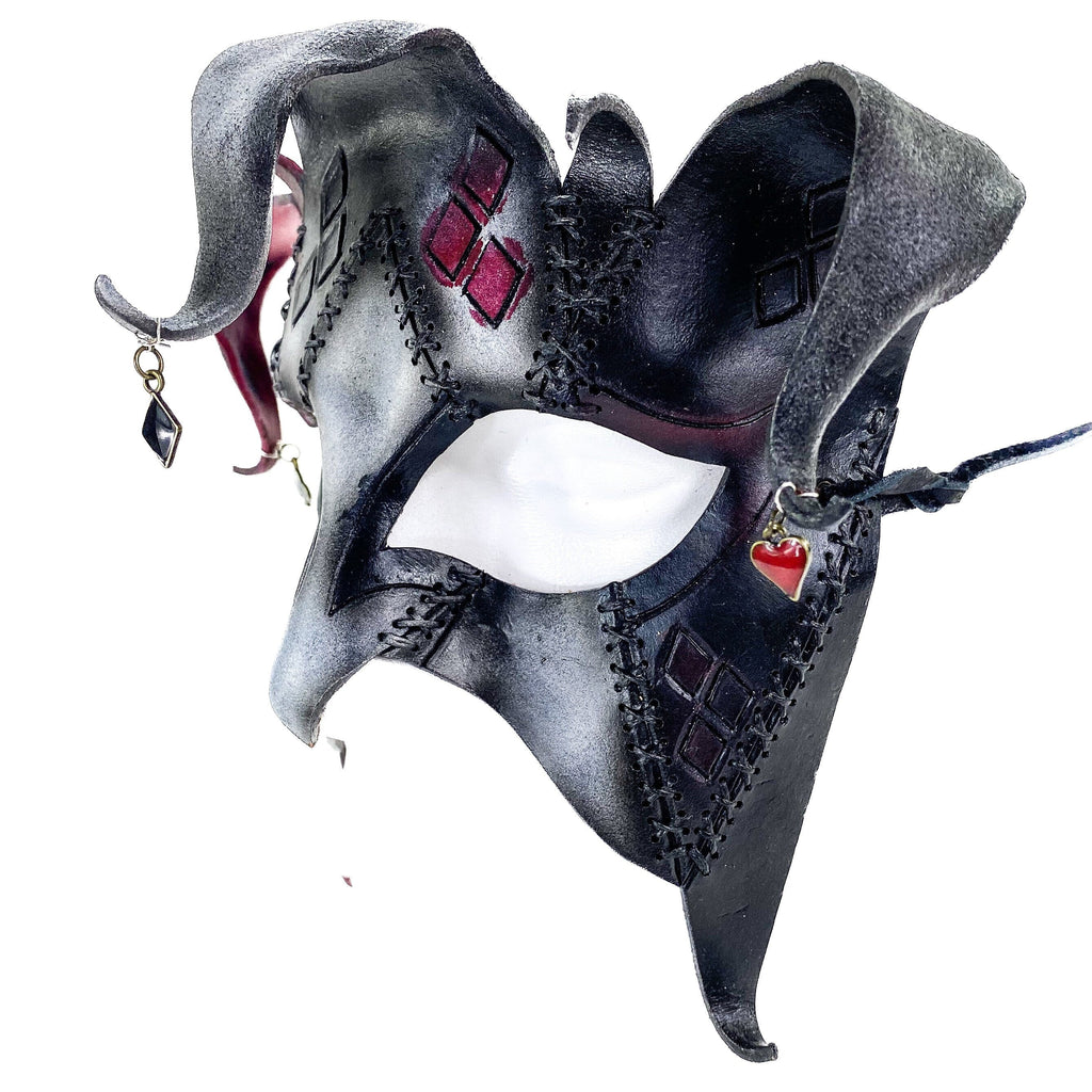 The Joker's Card - Grungy Joker Jester Handmade Genuine Leather Mask in Red with Charms by Rockwell Masks