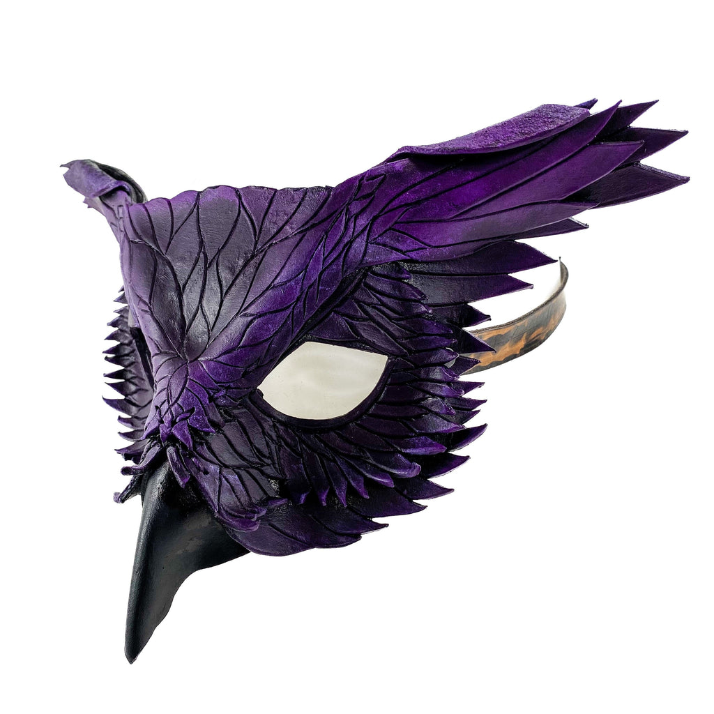 Layered Horned Owl Handmade Genuine Leather Mask in Purple by Rockwell Masks