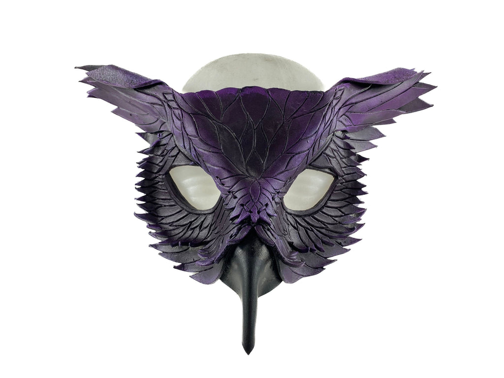 Layered Horned Owl Handmade Genuine Leather Mask in Purple by Rockwell Masks