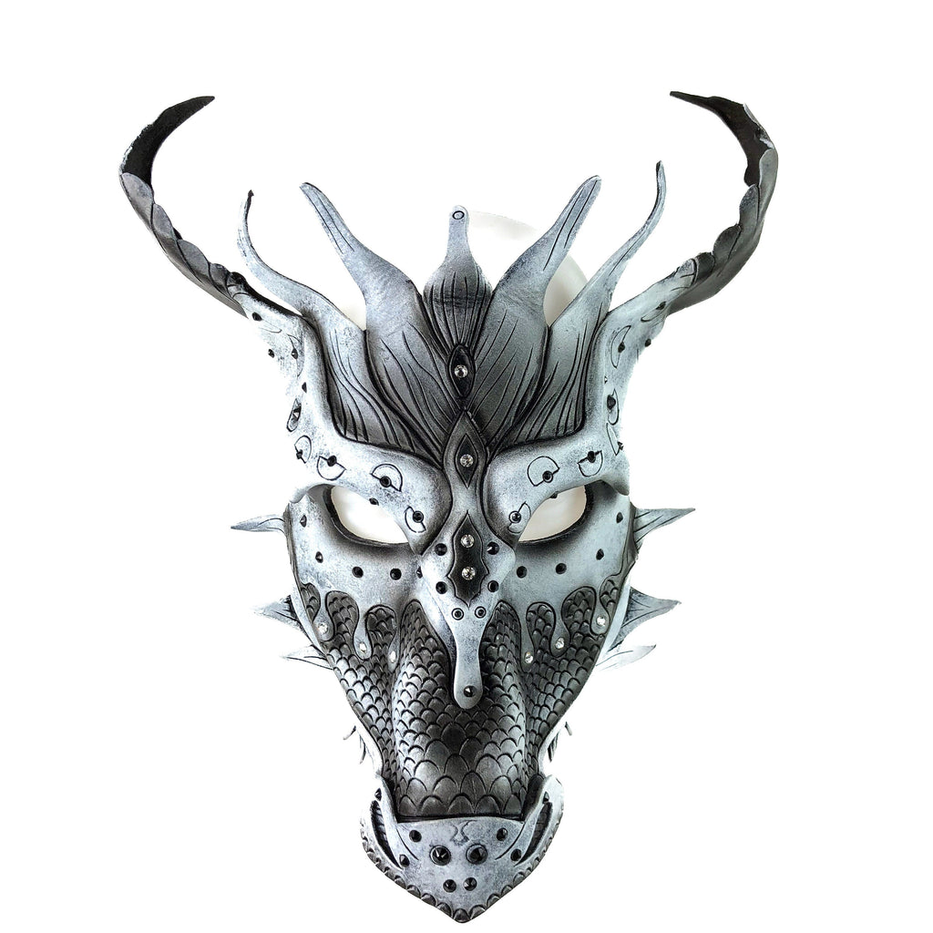 Grey Ancient Dragon Leather Mask with Swarovski Crystals by Rockwell Masks
