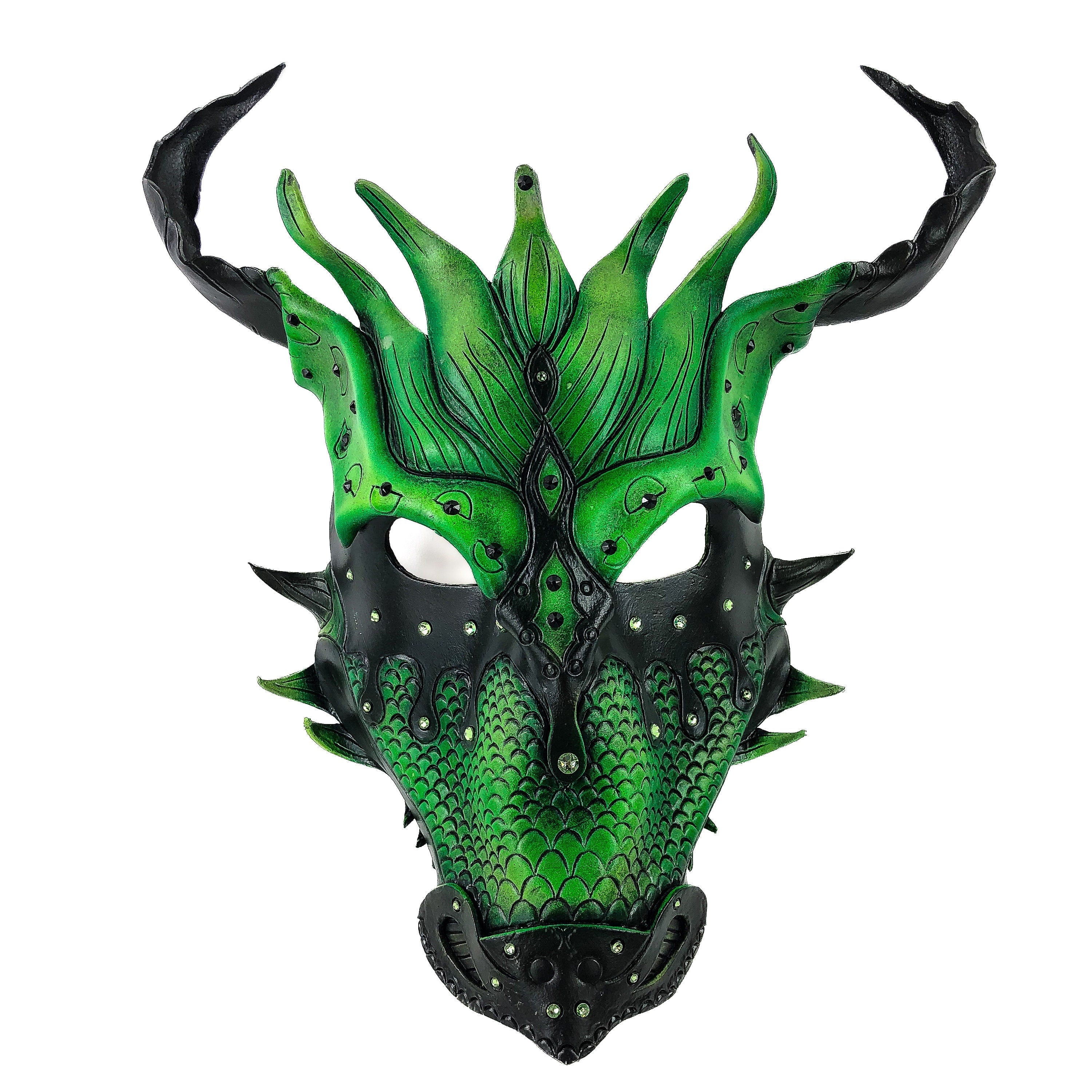Green Ancient Dragon Leather Mask with Swarovski Crystals by Rockwell Masks