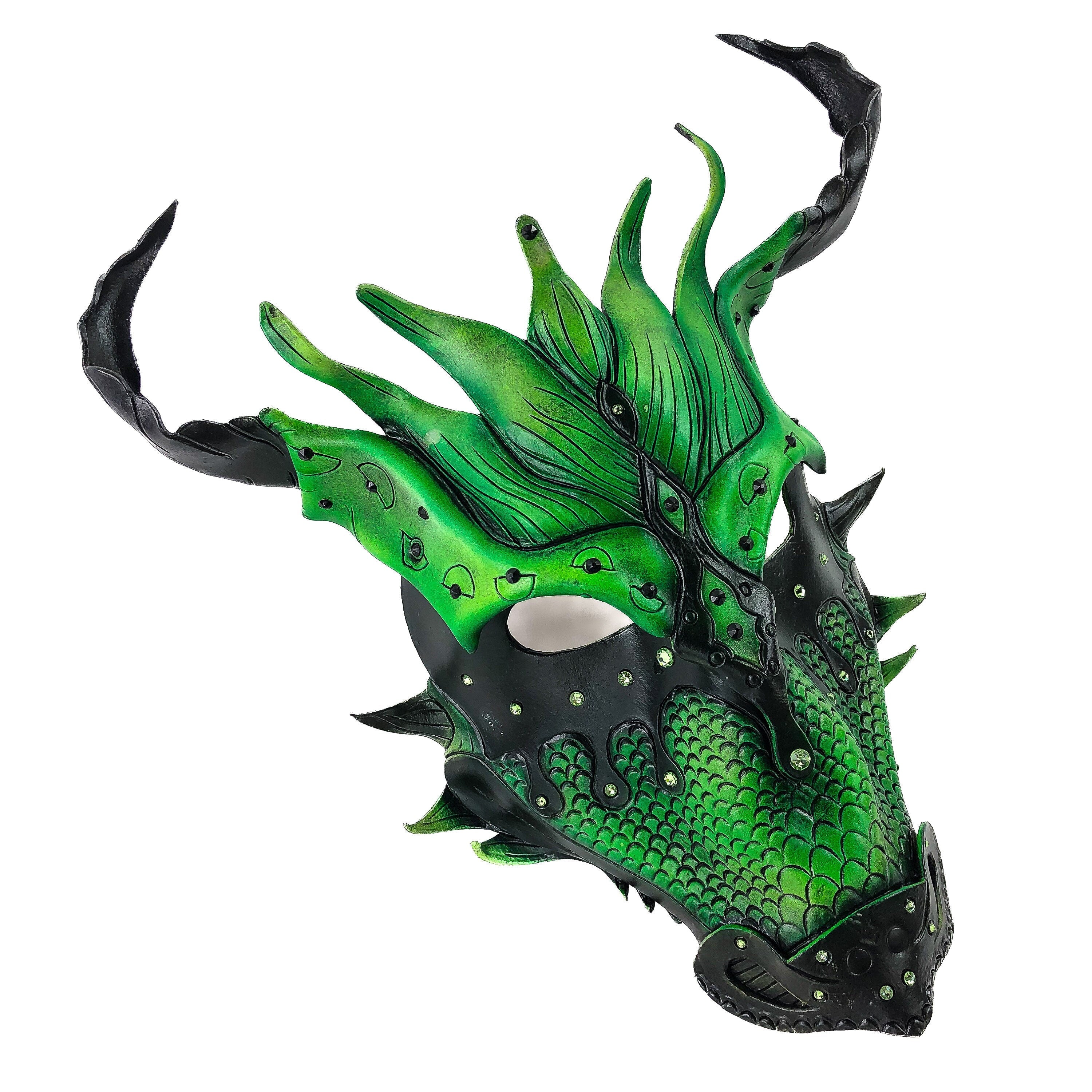 Green Ancient Dragon Leather Mask with Swarovski Crystals by Rockwell Masks