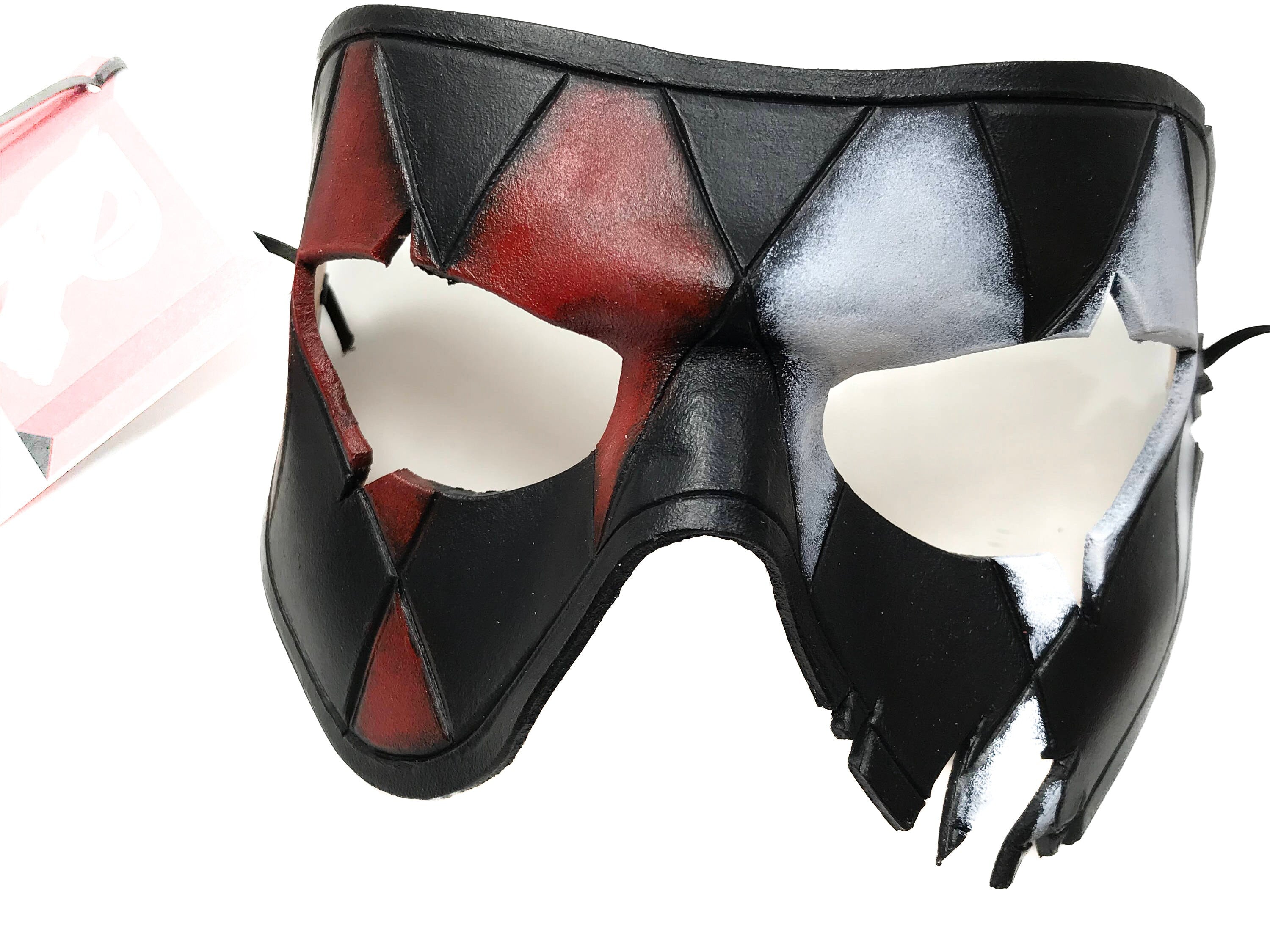 Harlequin Handmade Genuine Leather Mask in Red White Black and Gold by Rockwell Masks