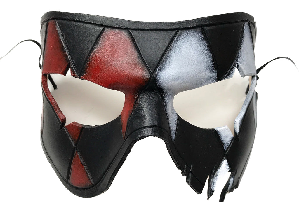 Harlequin Handmade Genuine Leather Mask in Red White Black and Gold by Rockwell Masks
