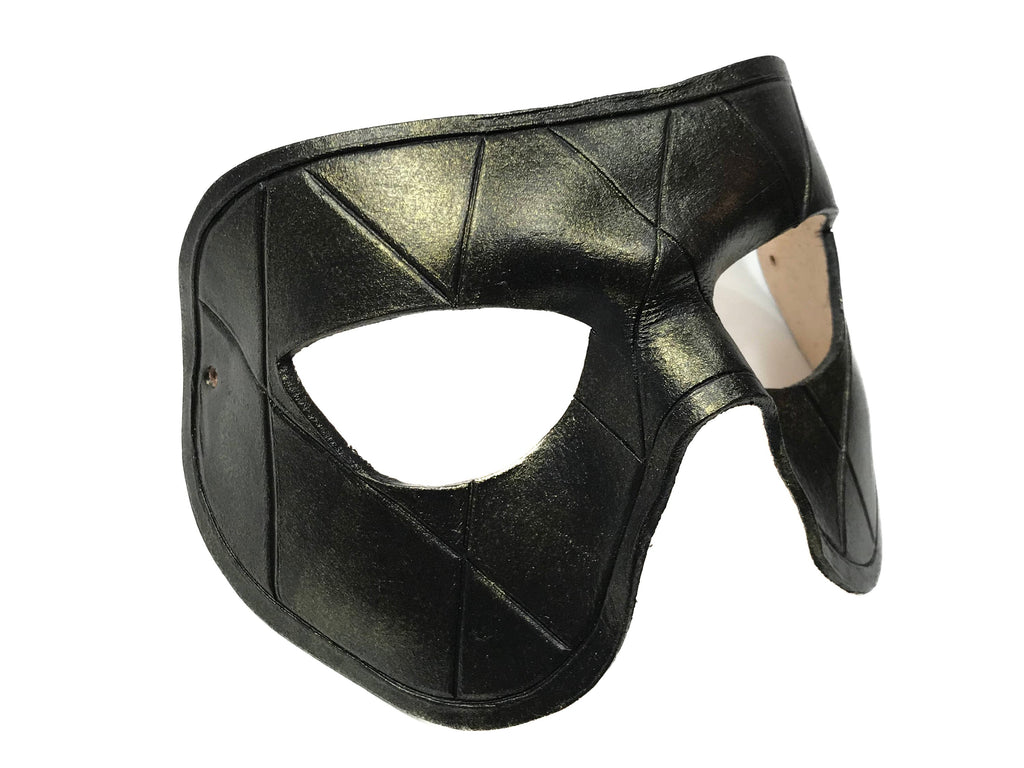 Harlequin Handmade Genuine Leather Mask in Black with Gold Hues by Rockwell Masks
