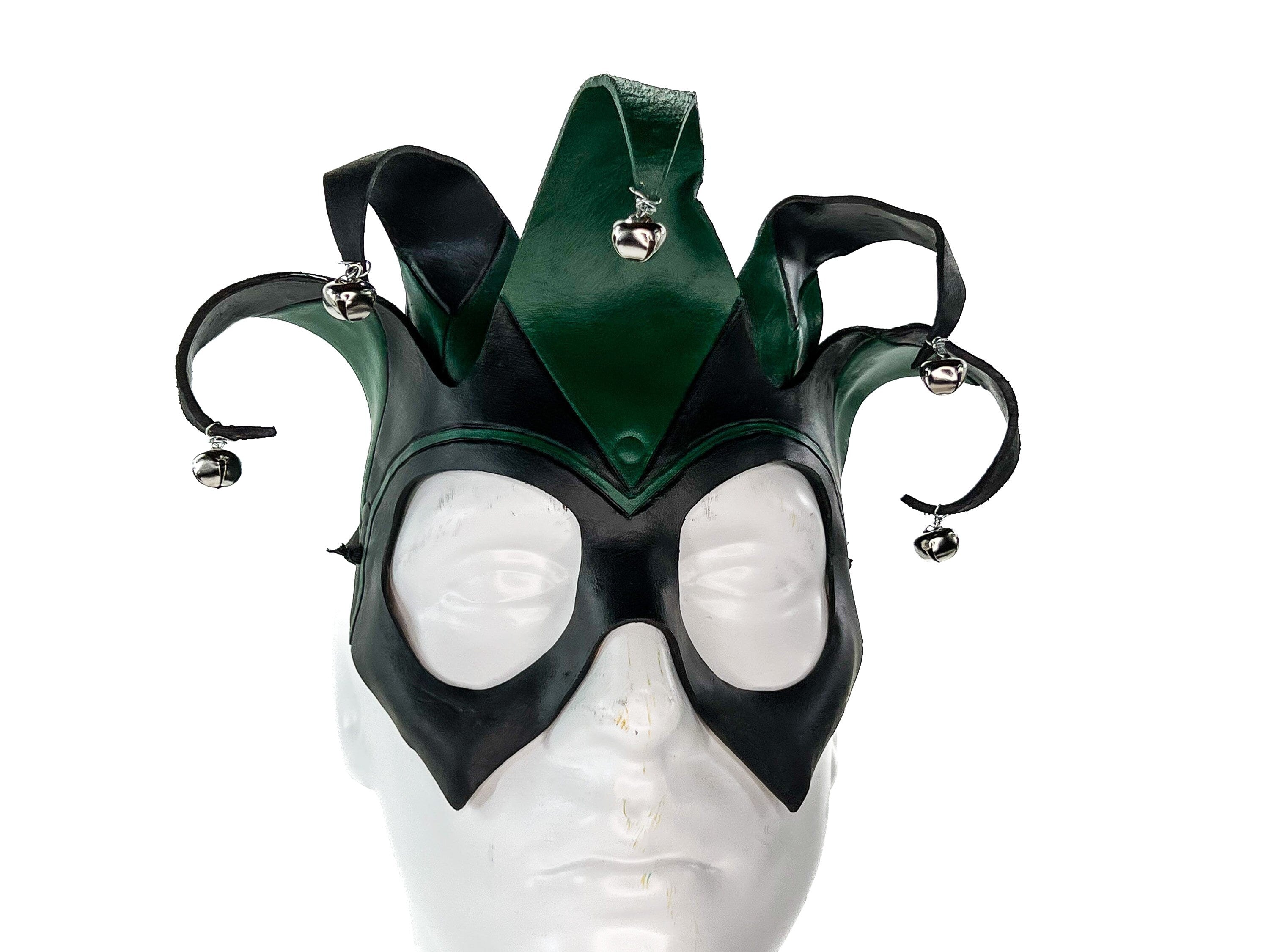 Handmade Genuine Leather Five Point Jester Mask in Green and Black by Rockwell Masks
