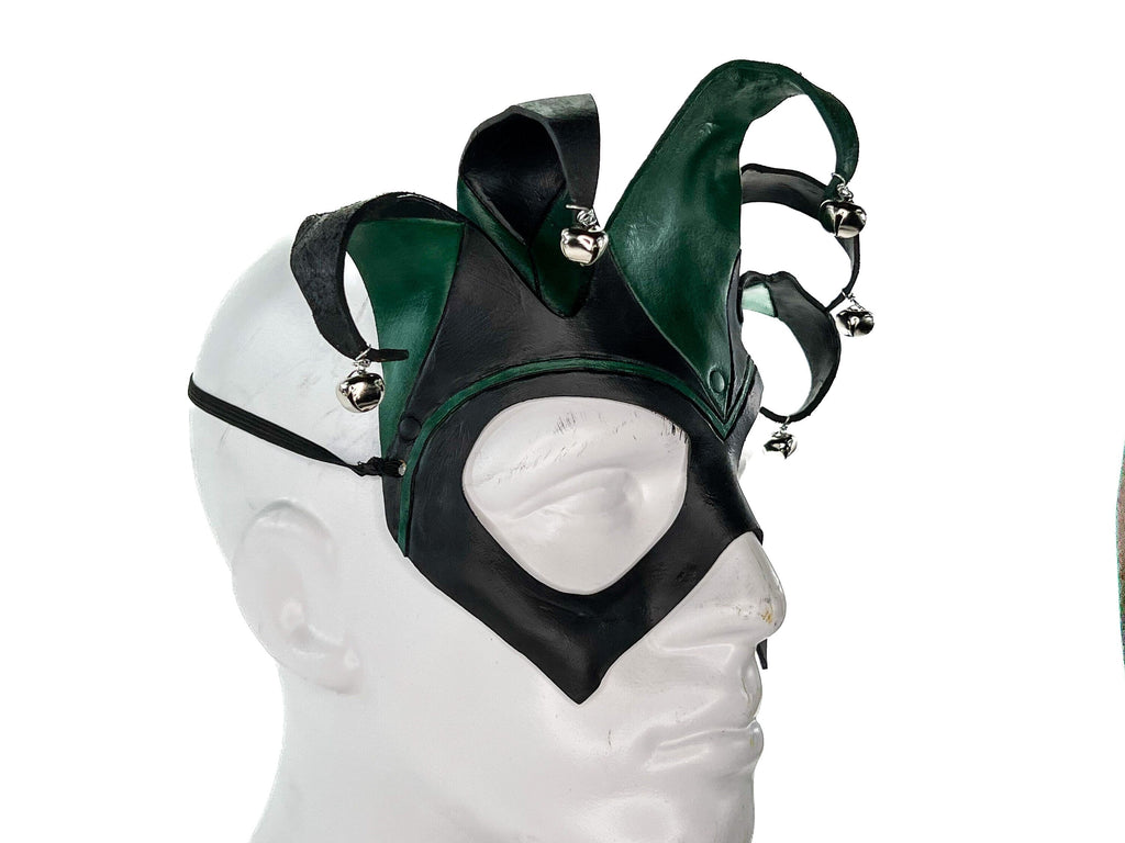 Handmade Genuine Leather Five Point Jester Mask in Green and Black by Rockwell Masks