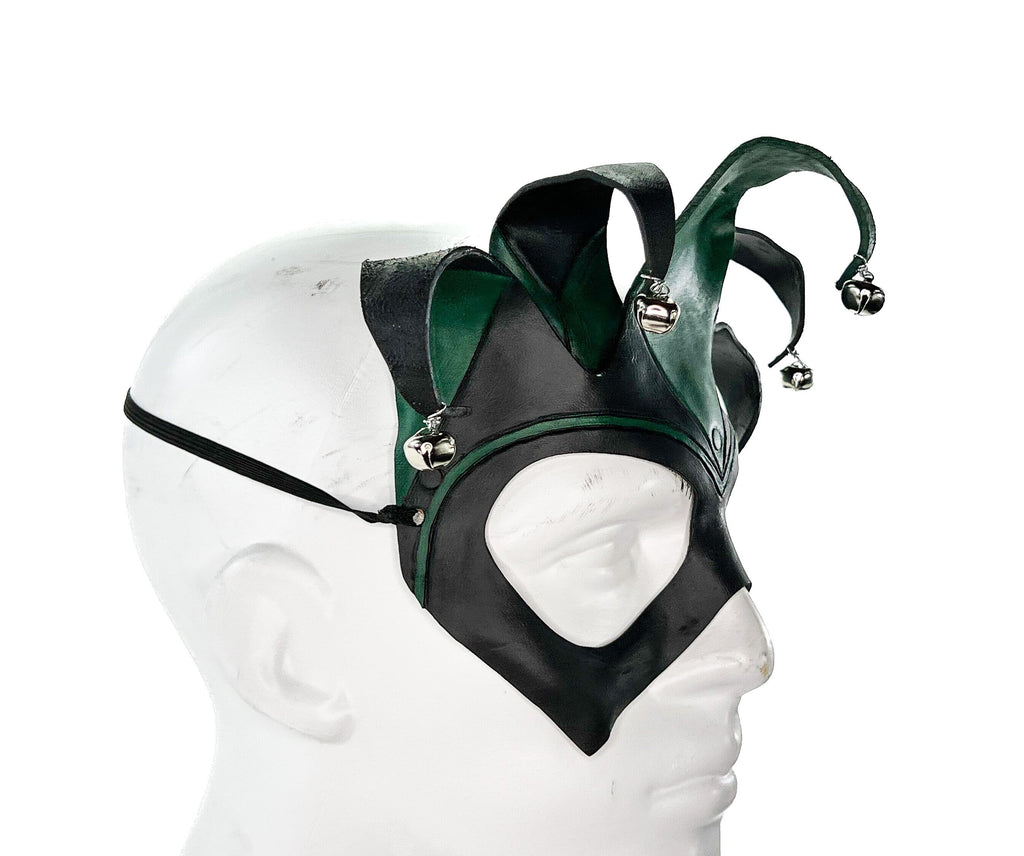 Handmade Genuine Leather Five Point Jester Mask in Green and Black by Rockwell Masks