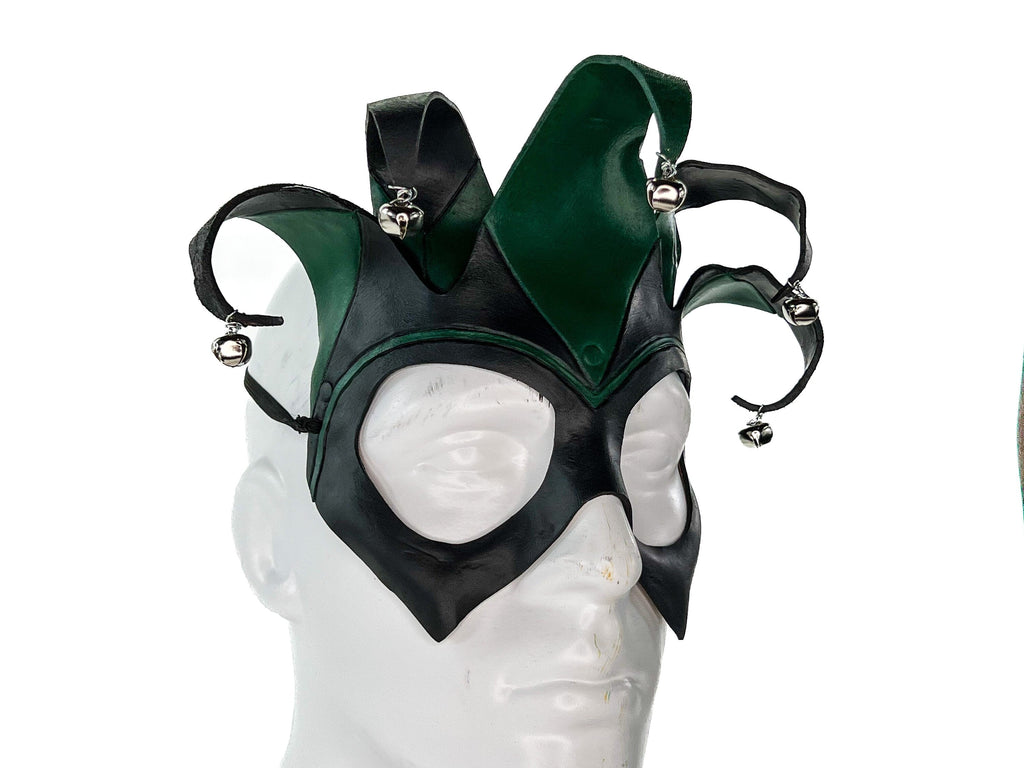 Handmade Genuine Leather Five Point Jester Mask in Green and Black by Rockwell Masks