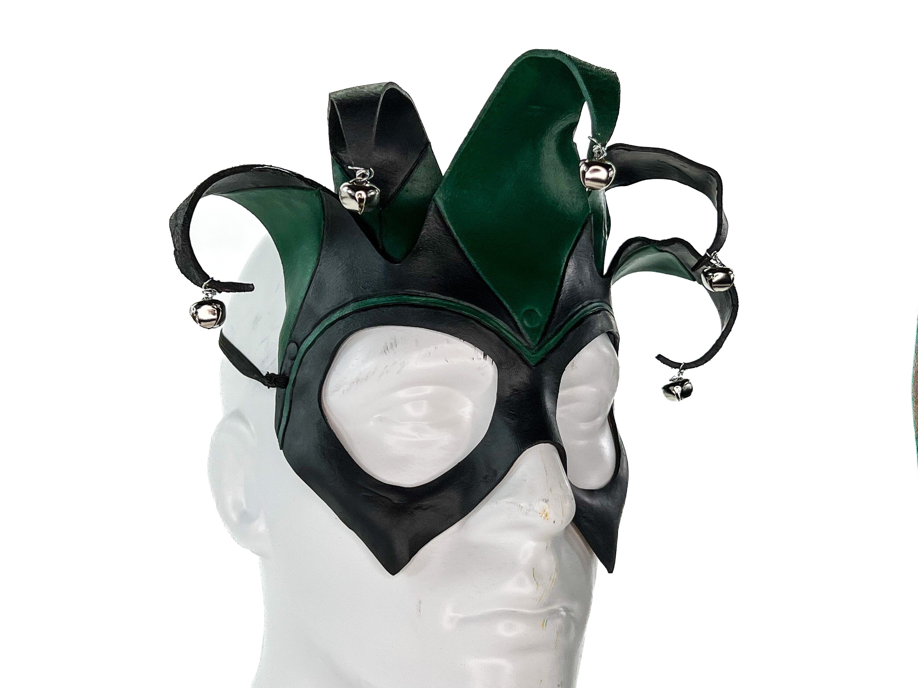 Handmade Genuine Leather Five Point Jester Mask in Green and Black by Rockwell Masks