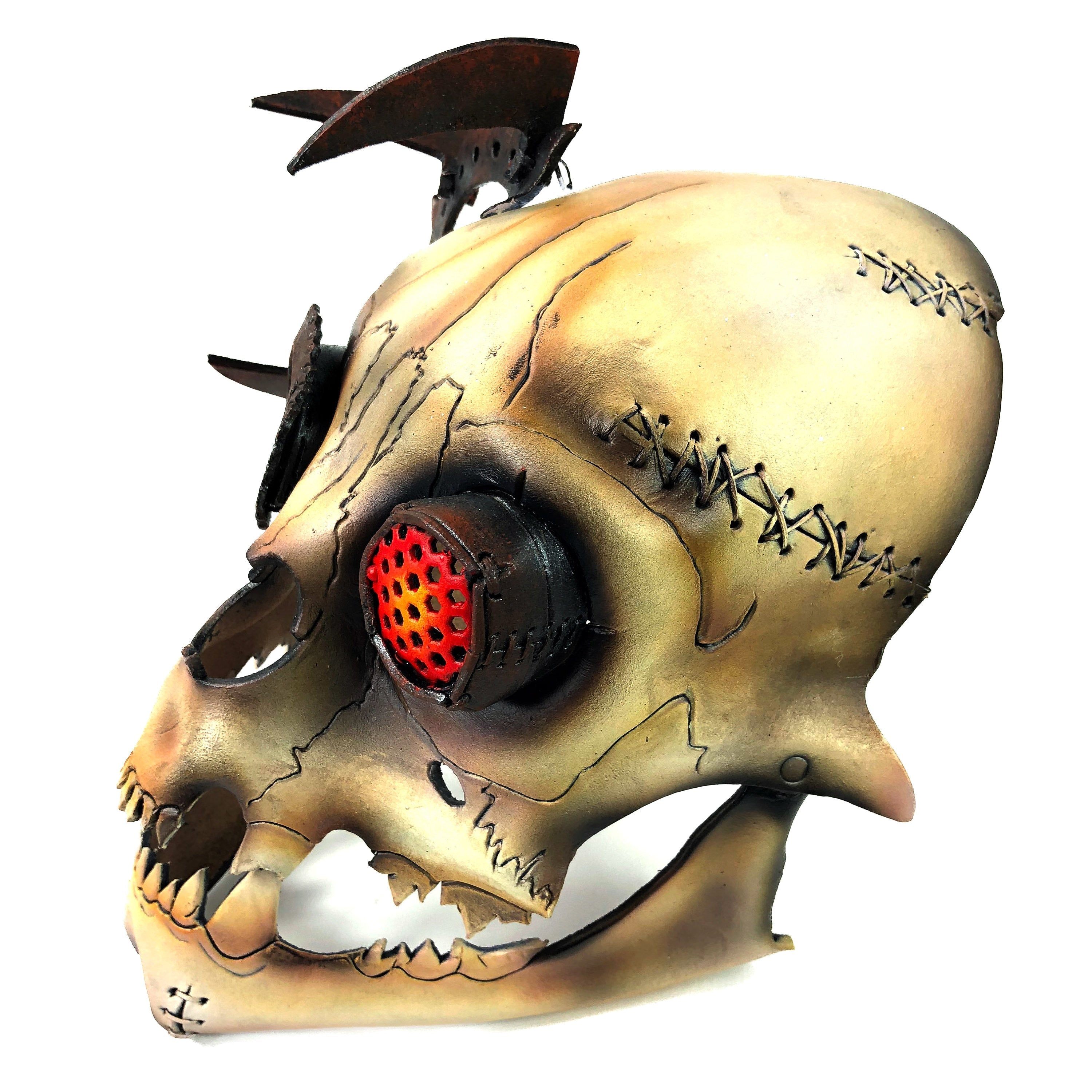 Handcrafted Genuine Leather Dimensional Cat Skull Robot Mask by Rockwell Masks