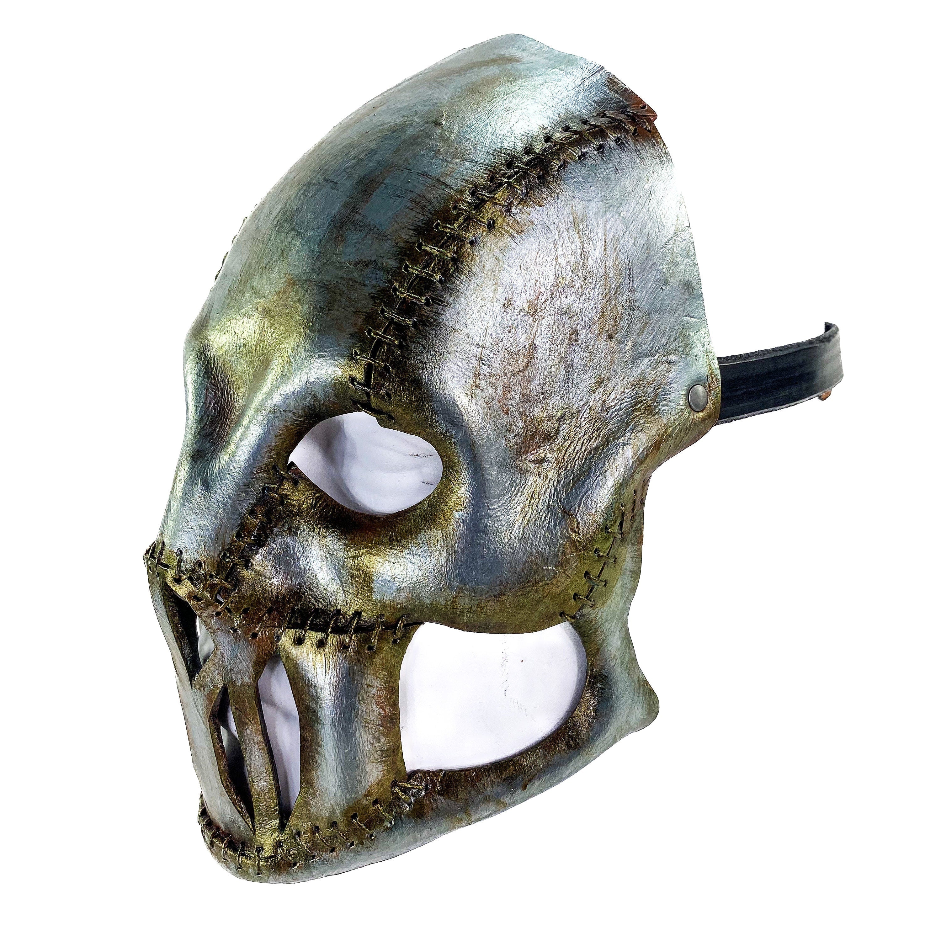 Invader - Genuine Leather Mask in Corroded Metallic Paint - Handmade Full Face Cover for Halloween, Performance or Cosplay by Rockwell Masks
