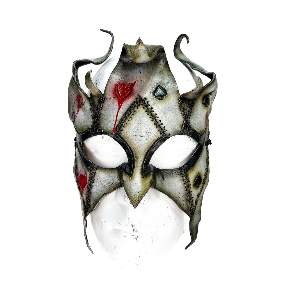 Grungy Joker Jester Handmade Genuine Leather Mask in Red by Rockwell Masks