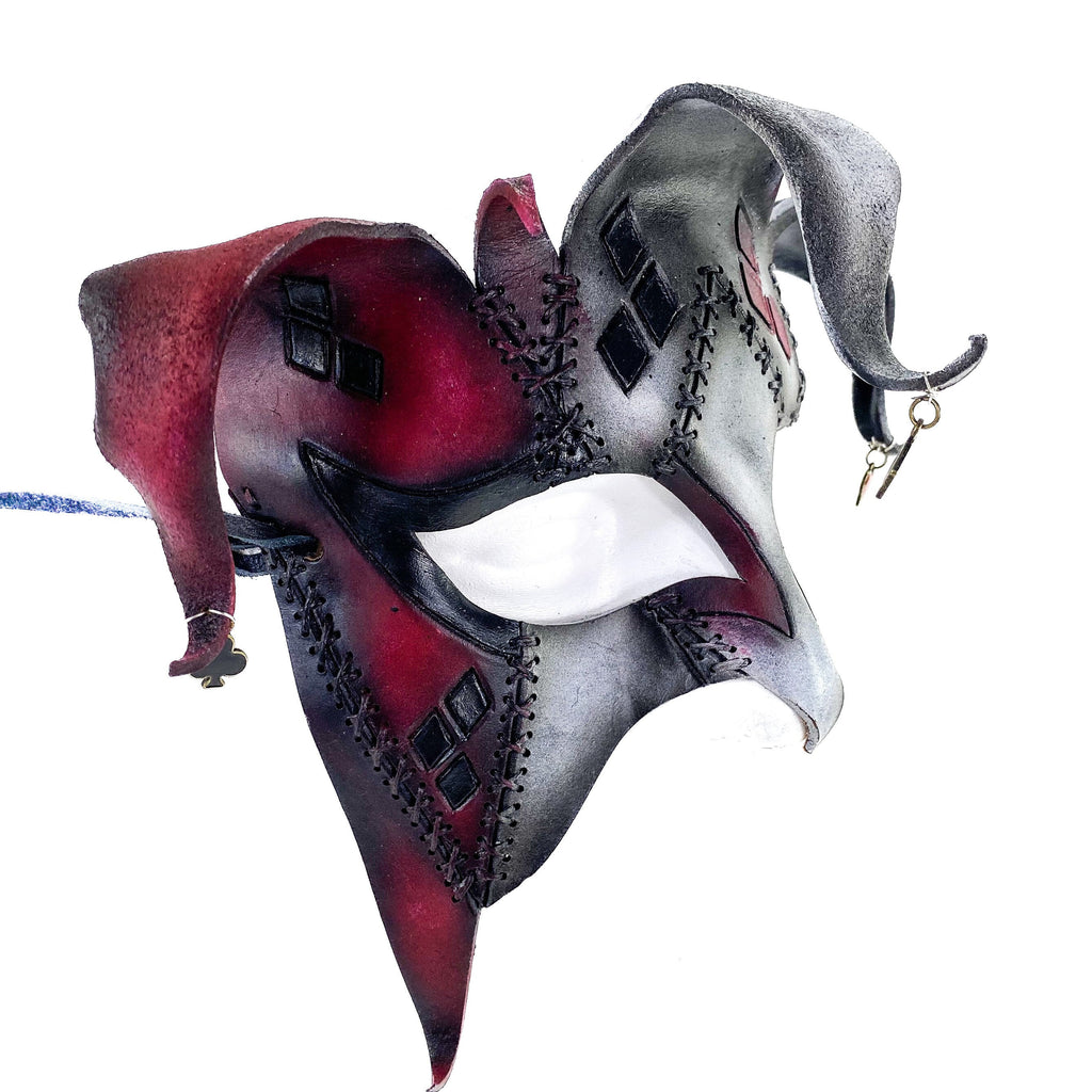 The Joker's Card - Grungy Joker Jester Handmade Genuine Leather Mask in Red with Charms by Rockwell Masks