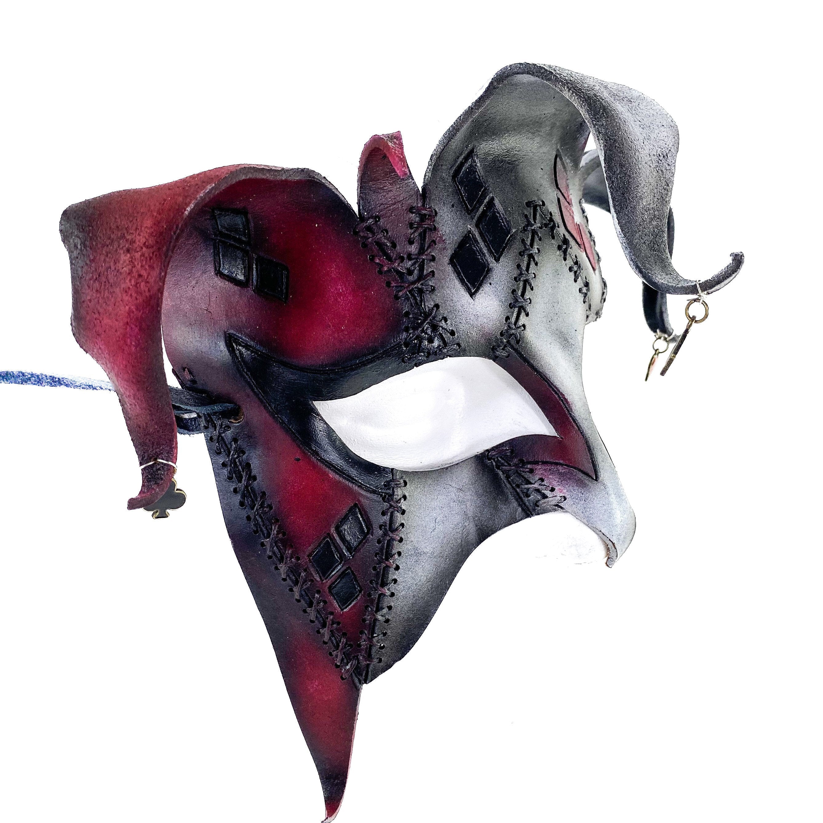 The Joker's Card - Grungy Joker Jester Handmade Genuine Leather Mask in Red with Charms by Rockwell Masks