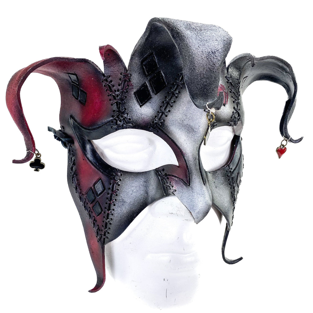 The Joker's Card - Grungy Joker Jester Handmade Genuine Leather Mask in Red with Charms by Rockwell Masks