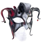 The Joker's Card - Grungy Joker Jester Handmade Genuine Leather Mask in Red with Charms by Rockwell Masks