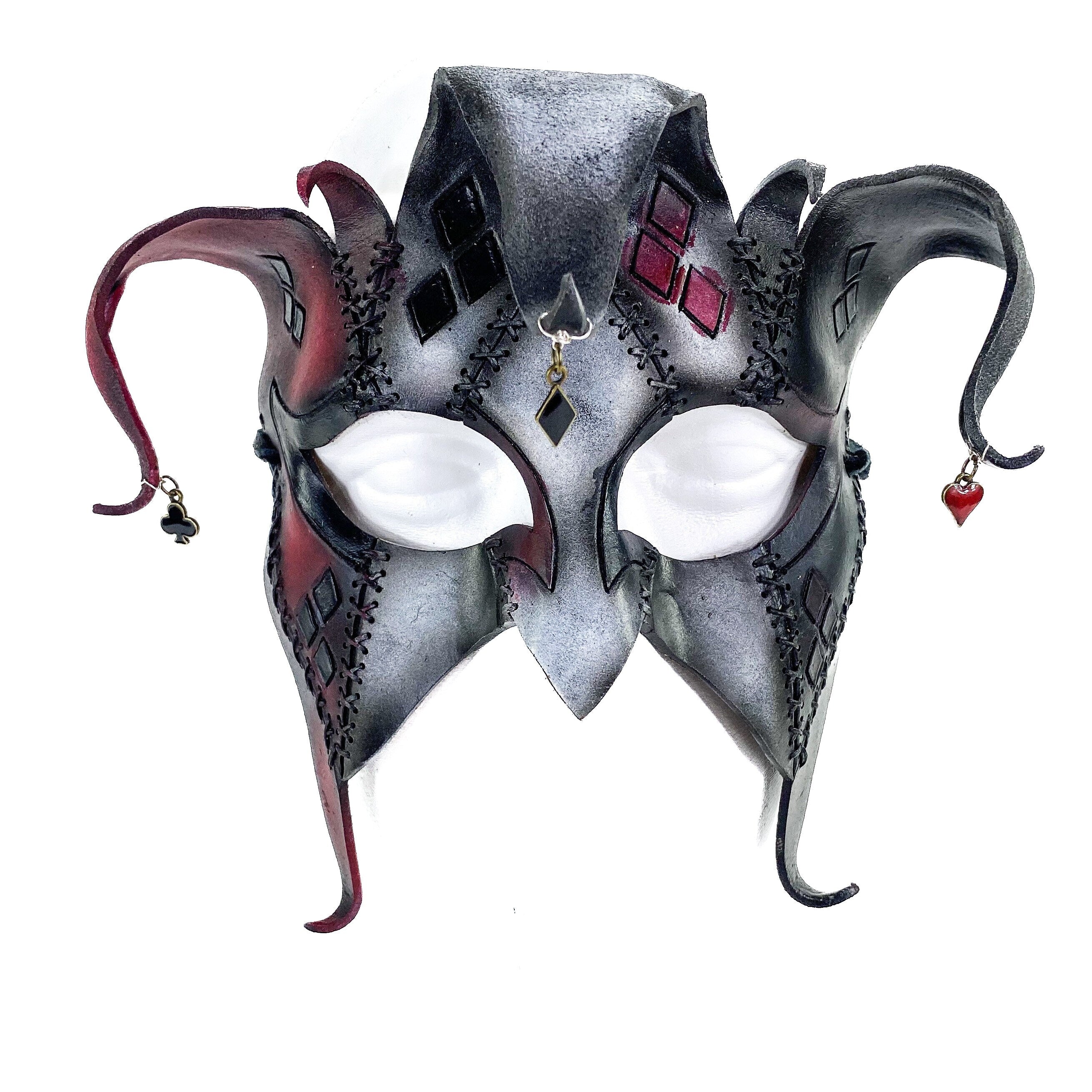 The Joker's Card - Grungy Joker Jester Handmade Genuine Leather Mask in Red with Charms by Rockwell Masks
