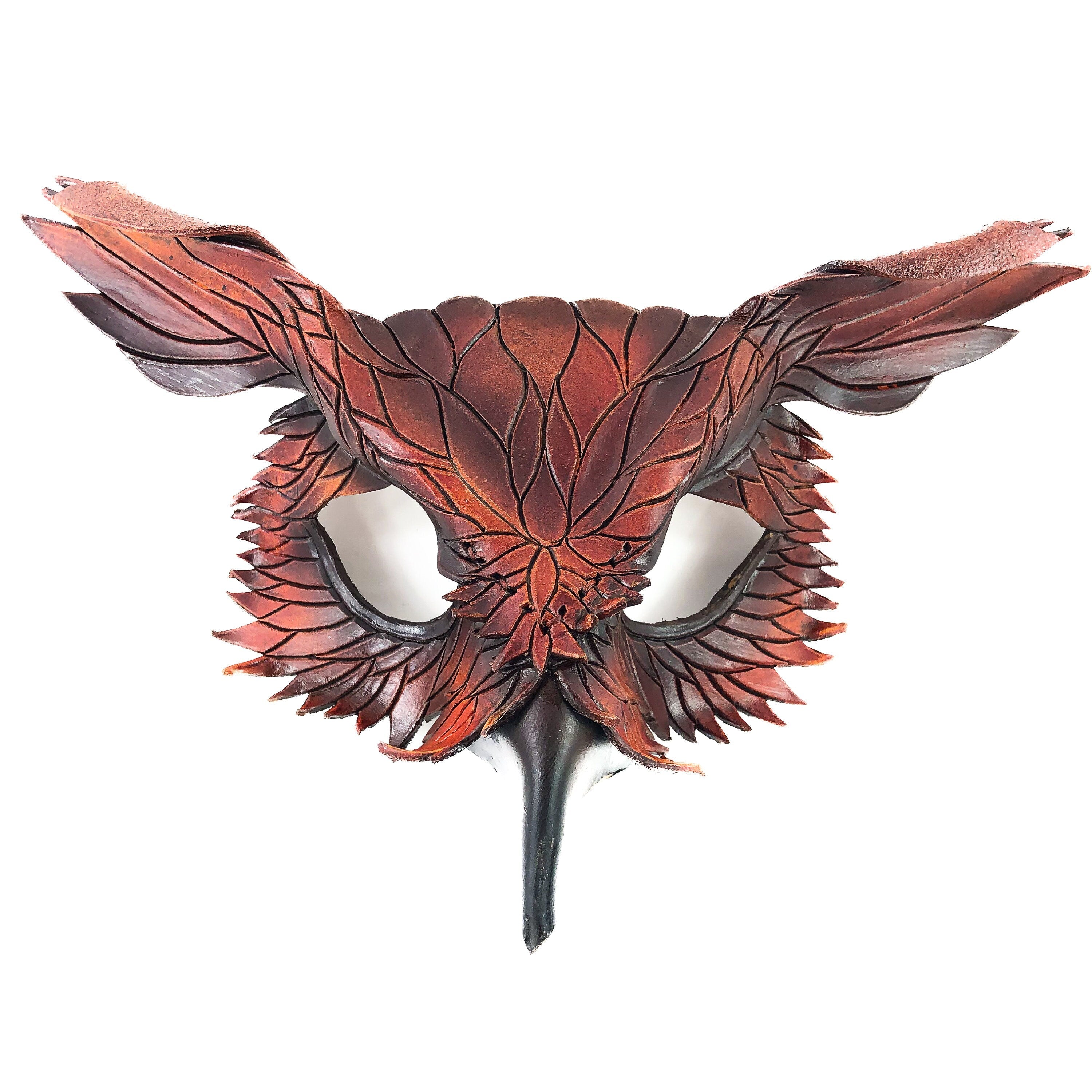 Layered Horned Owl Handmade Genuine Leather Mask by Rockwell Masks