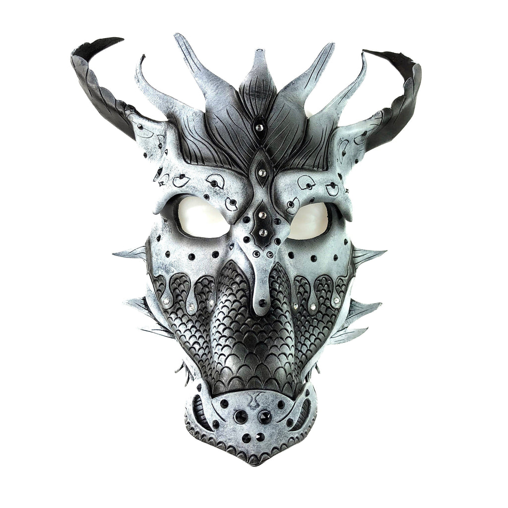 Grey Ancient Dragon Leather Mask with Swarovski Crystals by Rockwell Masks