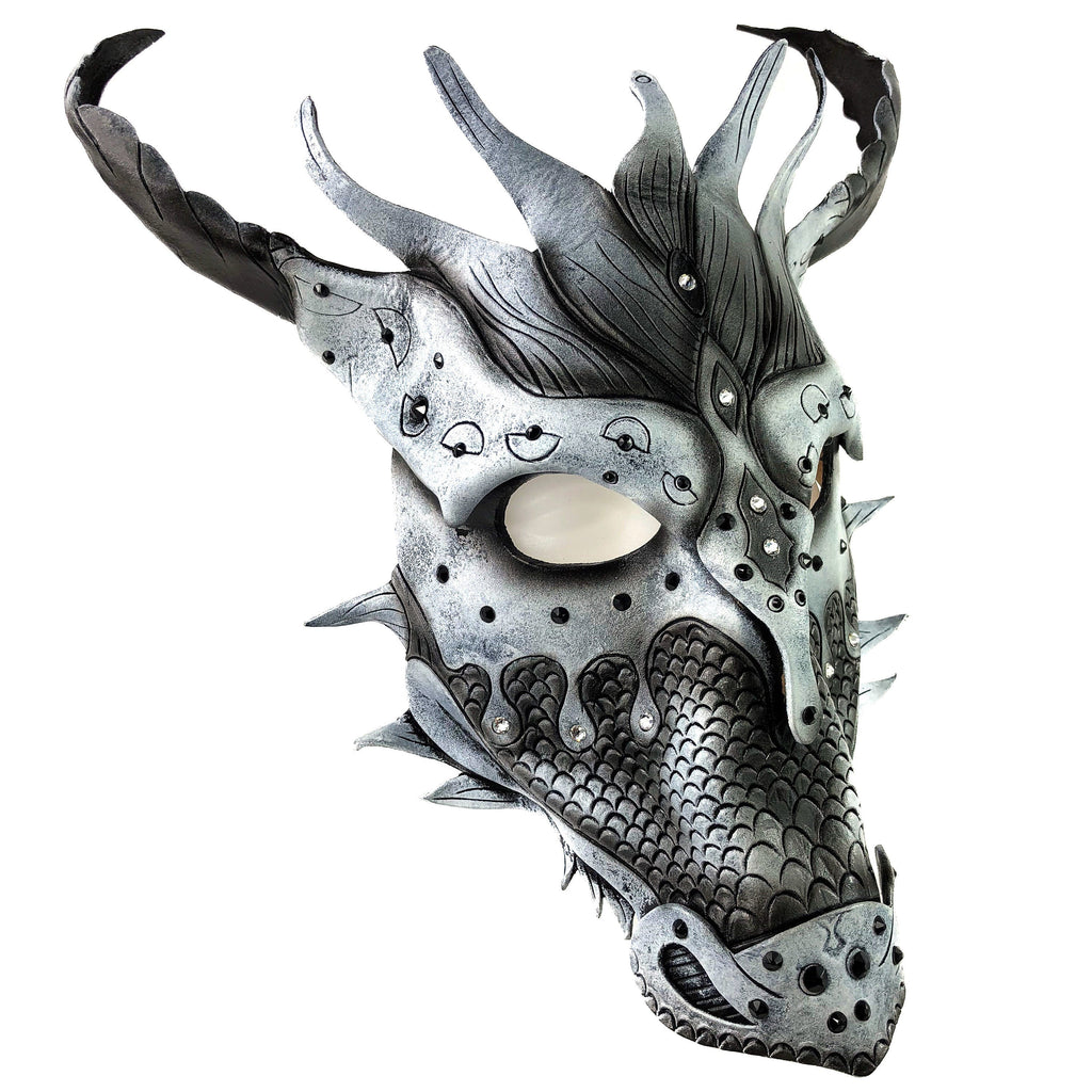 Grey Ancient Dragon Leather Mask with Swarovski Crystals by Rockwell Masks