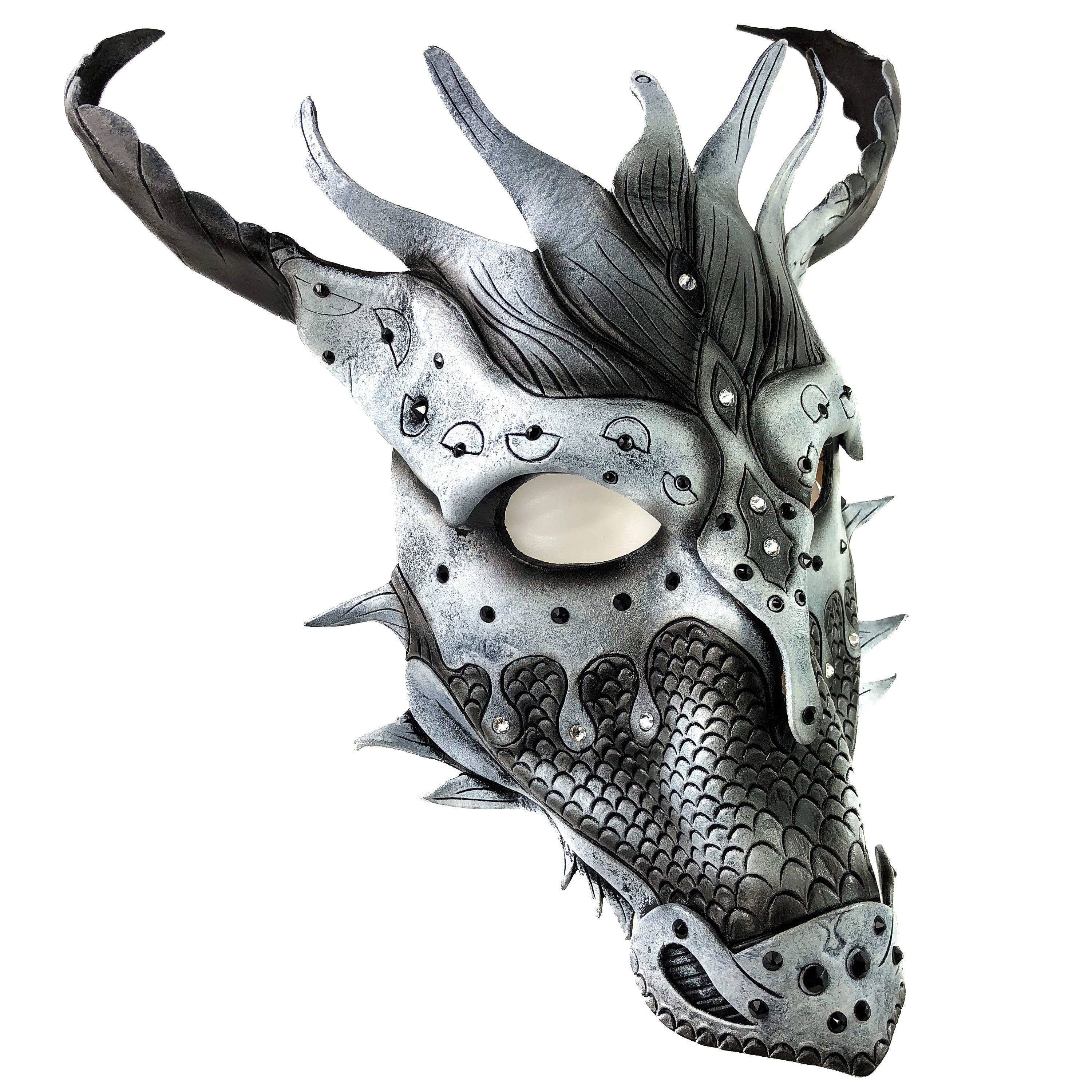 Grey Ancient Dragon Leather Mask with Swarovski Crystals by Rockwell Masks