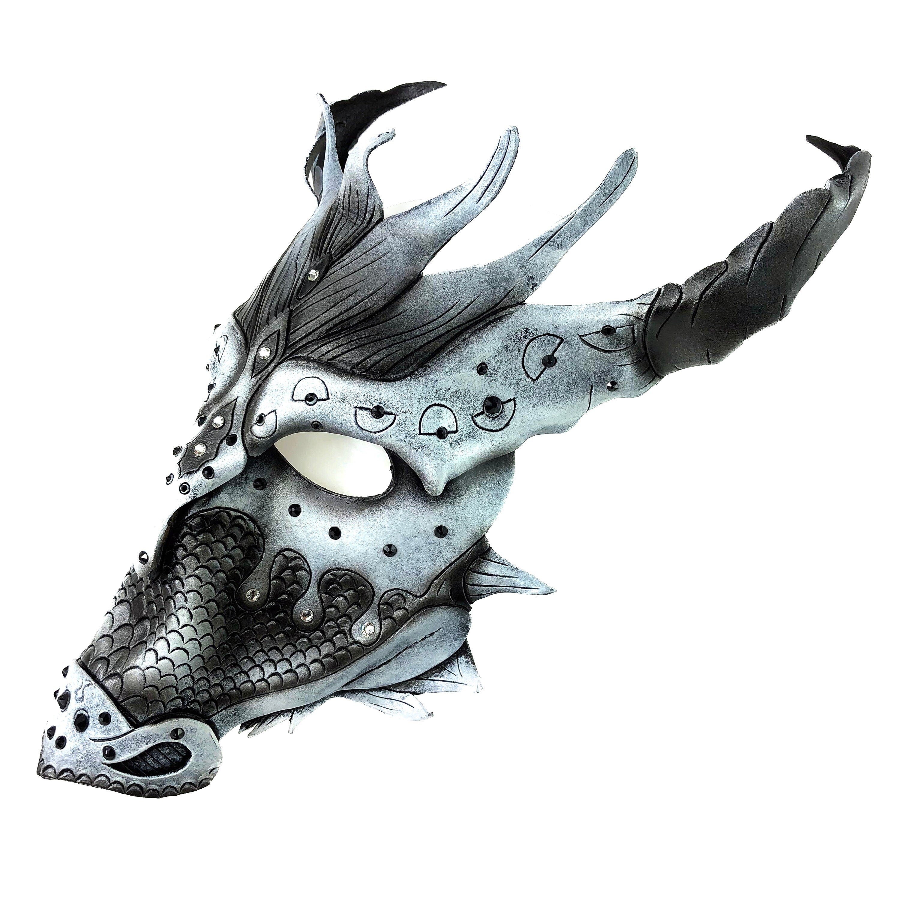 Grey Ancient Dragon Leather Mask with Swarovski Crystals by Rockwell Masks