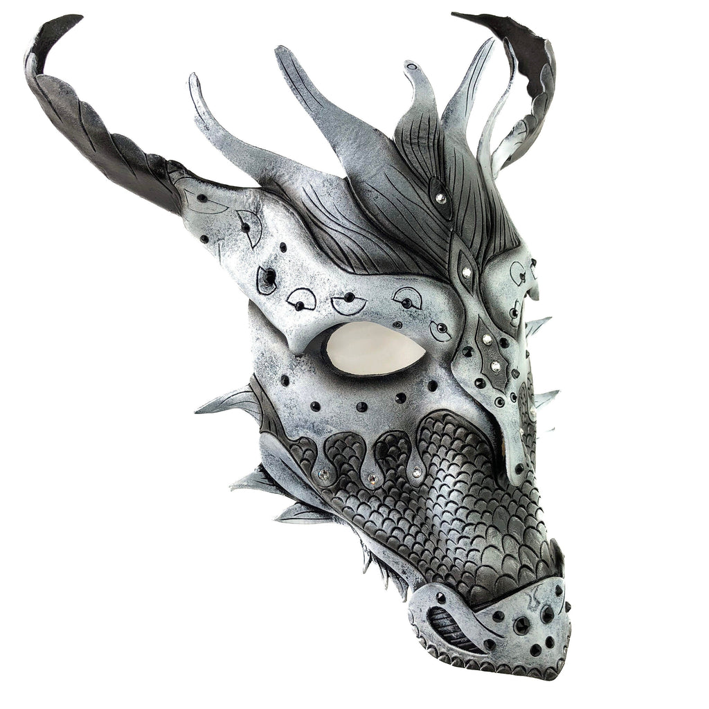 Grey Ancient Dragon Leather Mask with Swarovski Crystals by Rockwell Masks