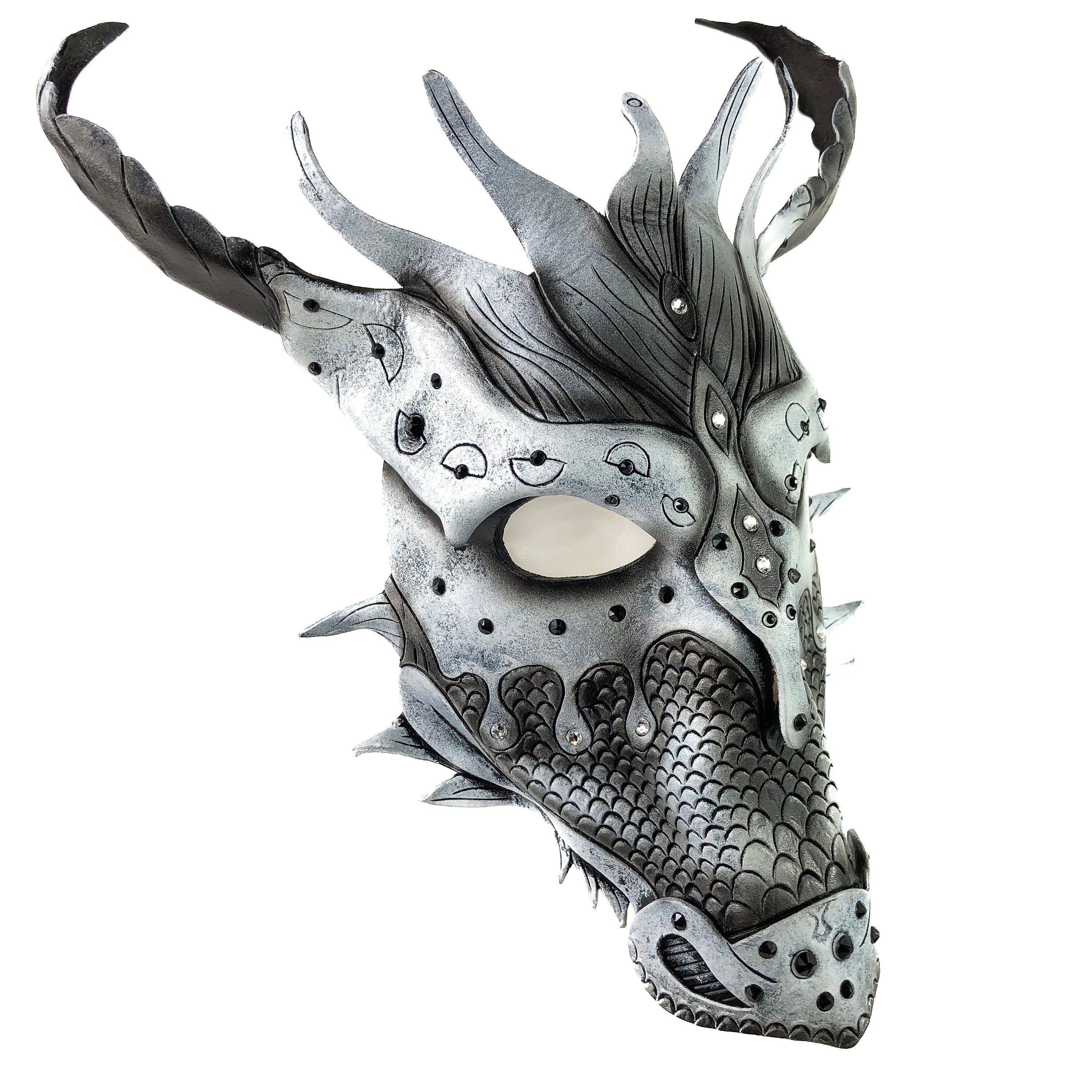 Grey Ancient Dragon Leather Mask with Swarovski Crystals by Rockwell Masks