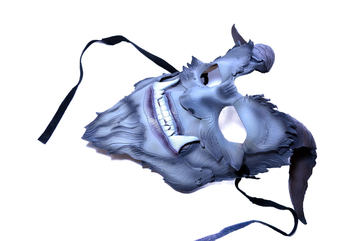 The Beast - Articulating Jaw Handmade Genuine Leather Mask with Horns in Natural Colors by Rockwell Masks