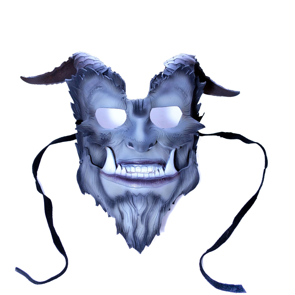 The Beast - Articulating Jaw Handmade Genuine Leather Mask with Horns in Natural Colors by Rockwell Masks