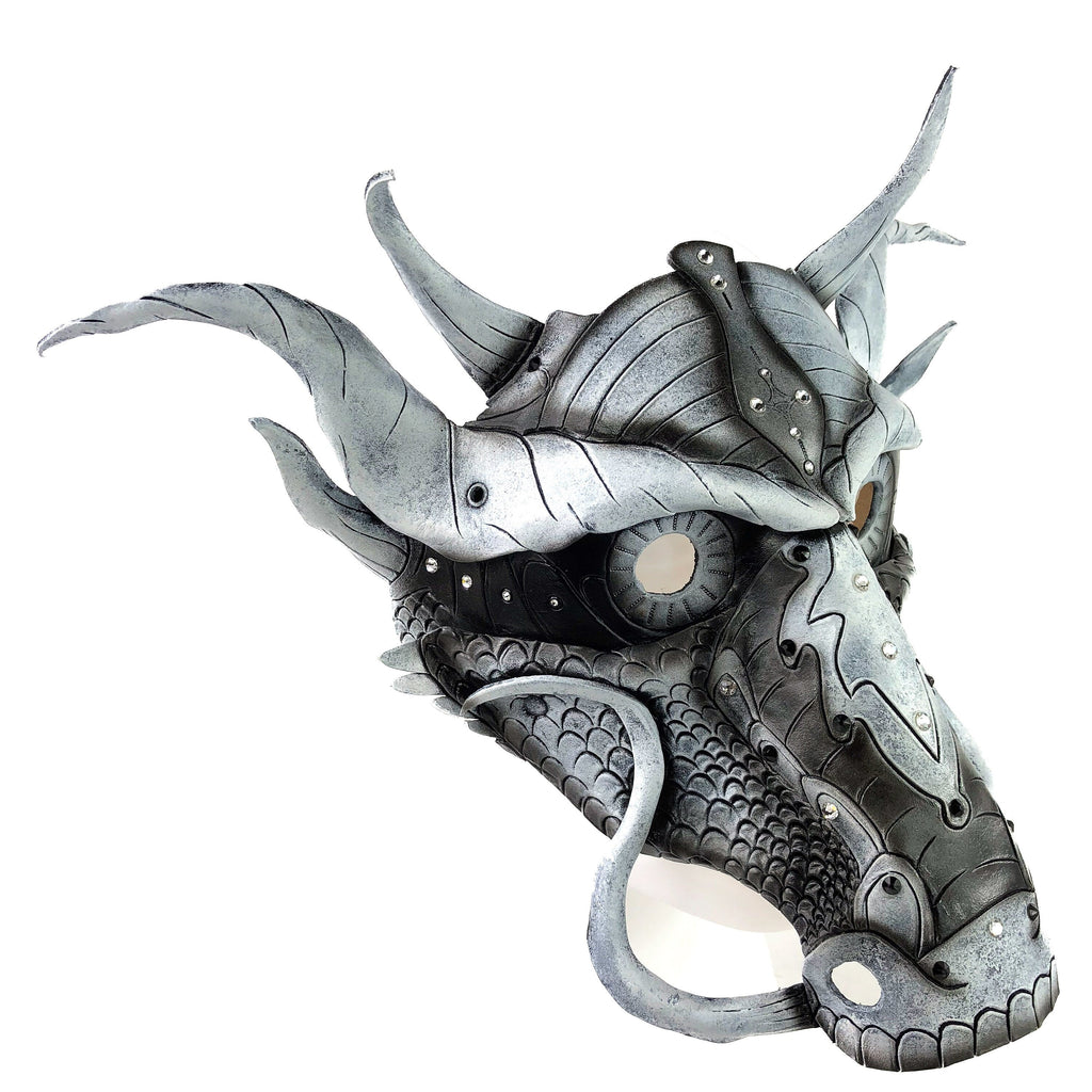 Grey Ancient Dragon Leather Mask with Swarovski Crystals by Rockwell Masks
