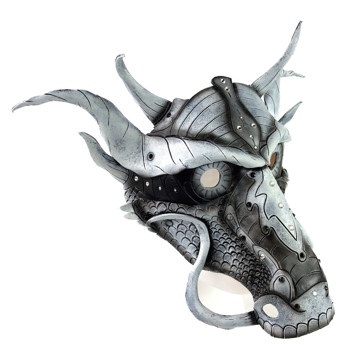 Grey Ancient Dragon Leather Mask with Swarovski Crystals by Rockwell Masks