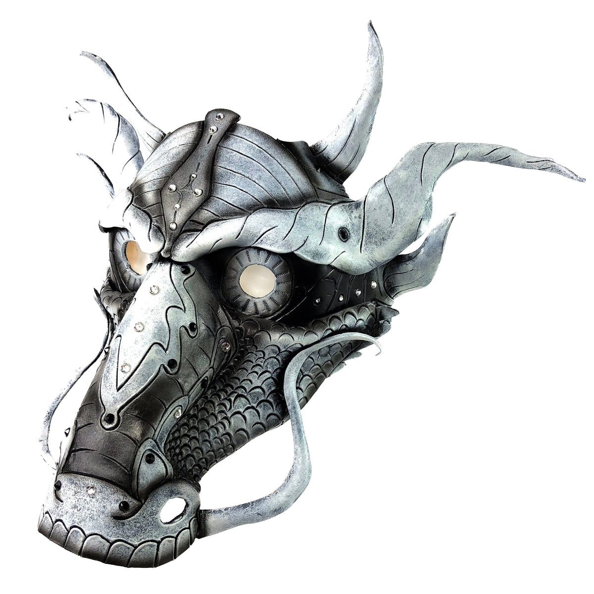 Grey Ancient Dragon Leather Mask with Swarovski Crystals by Rockwell Masks