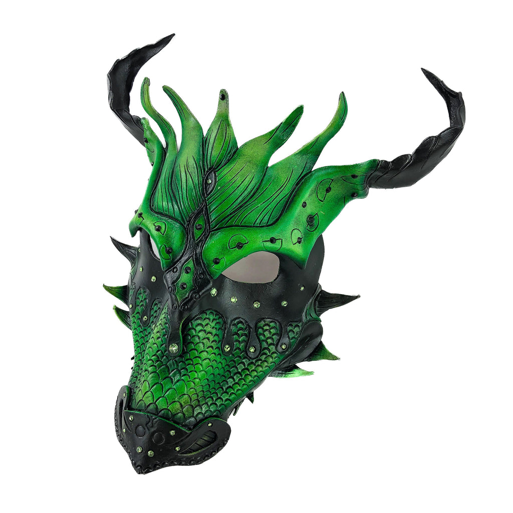 Green Ancient Dragon Leather Mask with Swarovski Crystals by Rockwell Masks