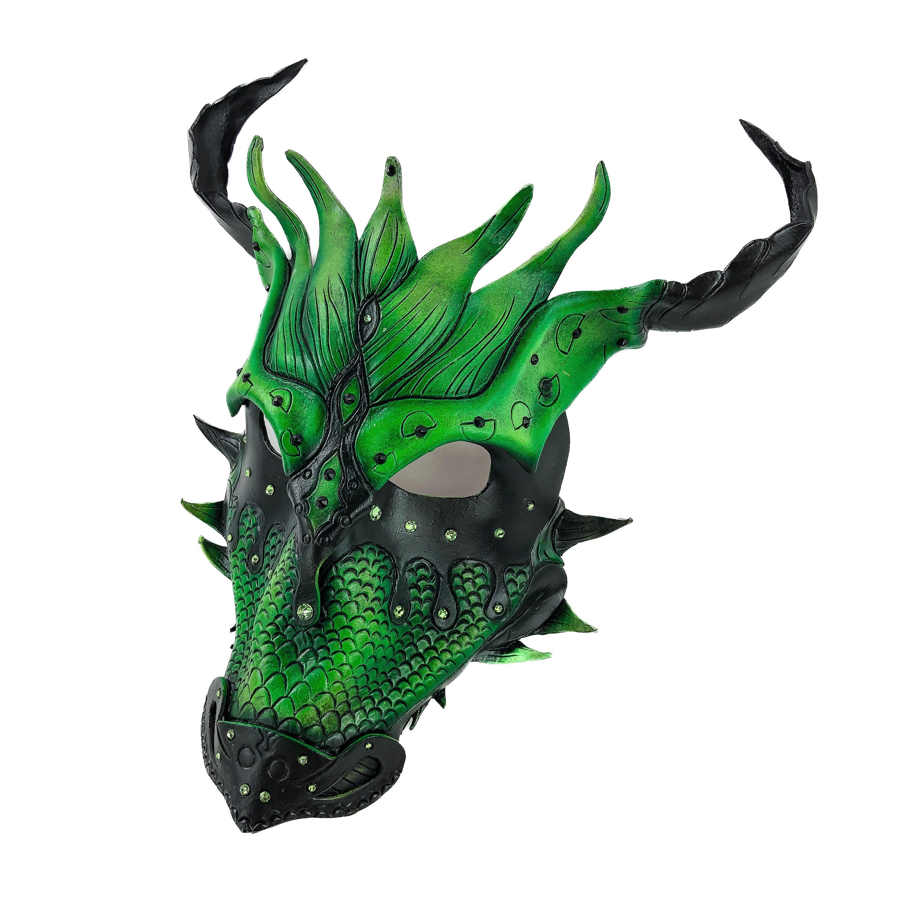 Green Ancient Dragon Leather Mask with Swarovski Crystals by Rockwell Masks