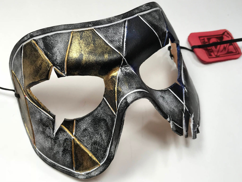 Harlequin Handmade Genuine Leather Mask in Blue White Black and Gold by Rockwell Masks