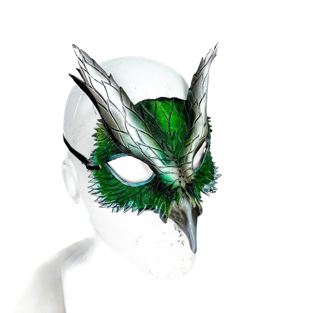 Layered Green Eagle Owl Handmade Genuine Leather Mask by Rockwell Masks