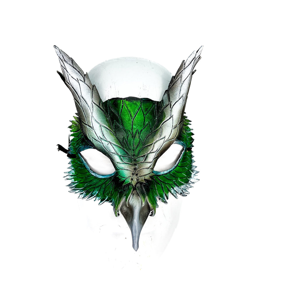 Layered Green Eagle Owl Handmade Genuine Leather Mask by Rockwell Masks