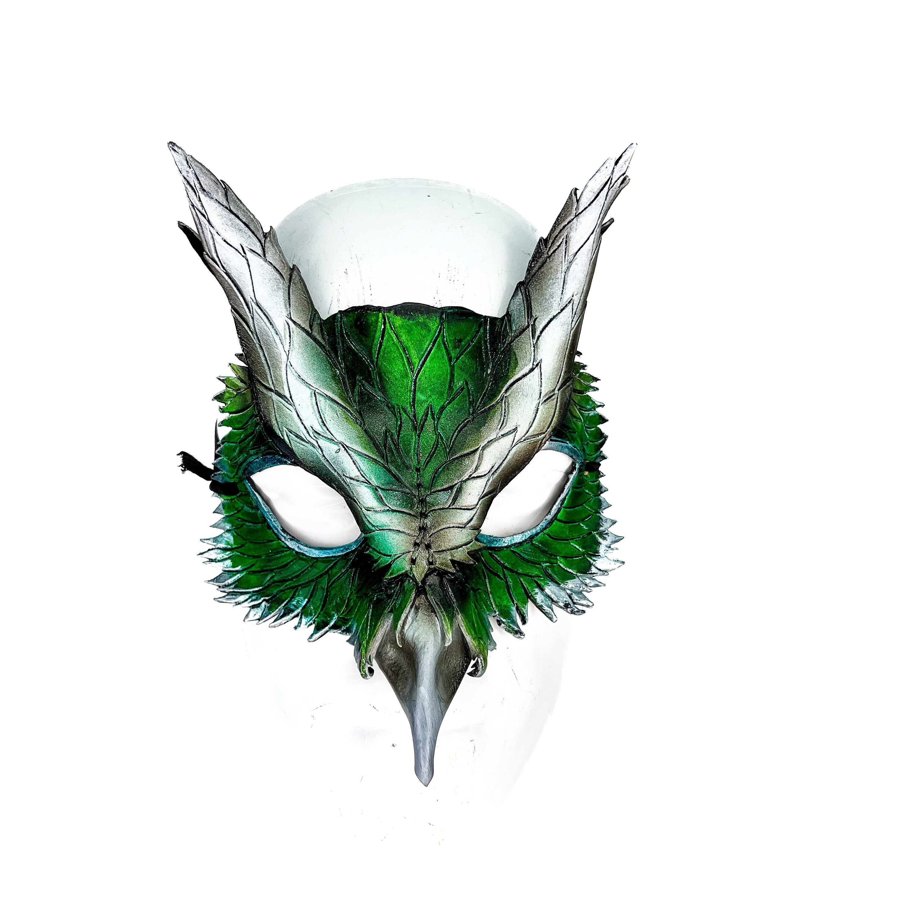 Layered Green Eagle Owl Handmade Genuine Leather Mask by Rockwell Masks