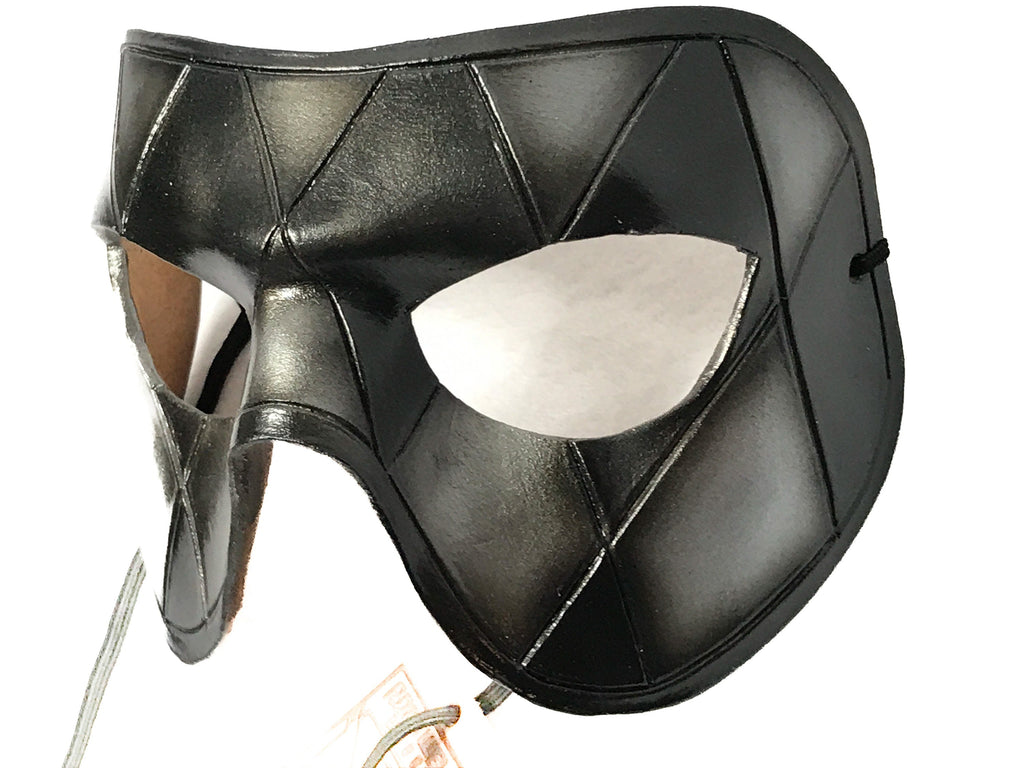 Silver Harlequin Handmade Genuine Leather Mask in Black and Silver by Rockwell Masks